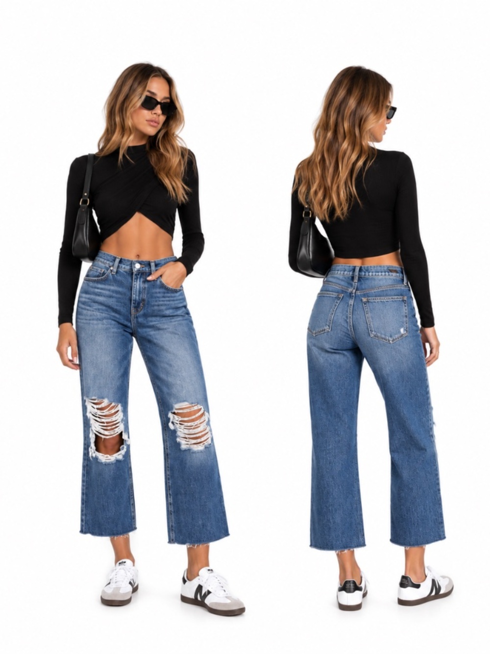 L'AGENCE Adele Distressed Boyfriend Ankle Jeans, Blue Denim